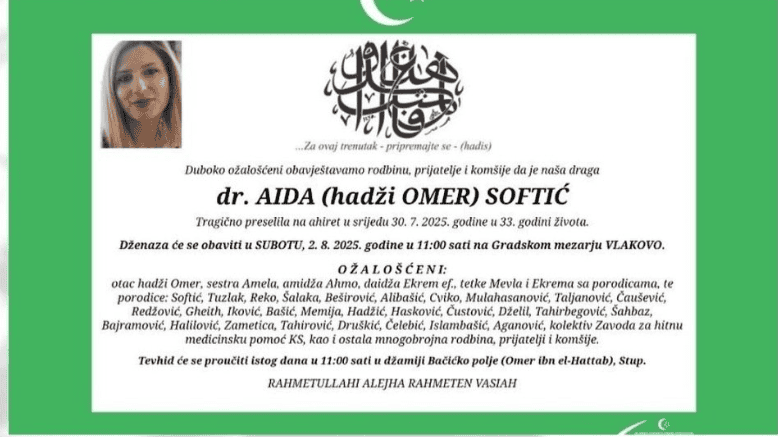 Poznato vrijeme i mjesto dženaze stradaloj doktorici Aidi Softić